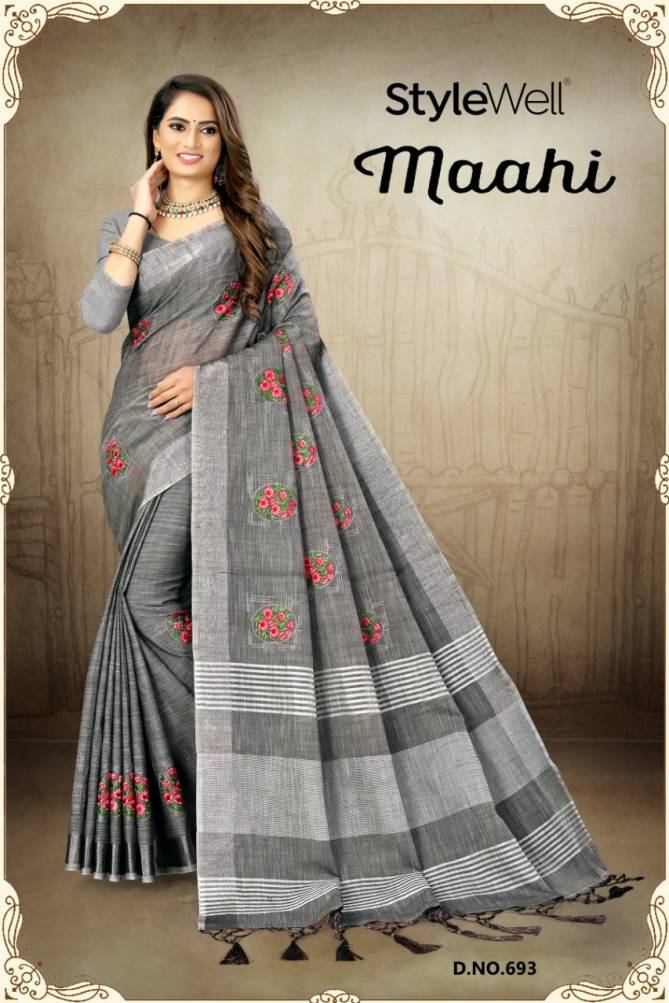 Style Well Maahi  New Exclusive Embroidery on Linen Patta Sarees Collection